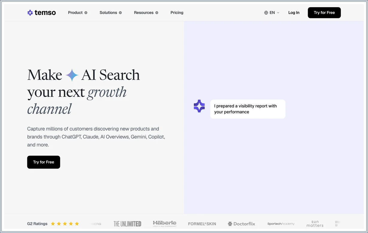 Startseite von Temso mit der Übersicht zur KI-Sichtbarkeit über ChatGPT, Perplexity, Google AI Overviews, Gemini und Copilot